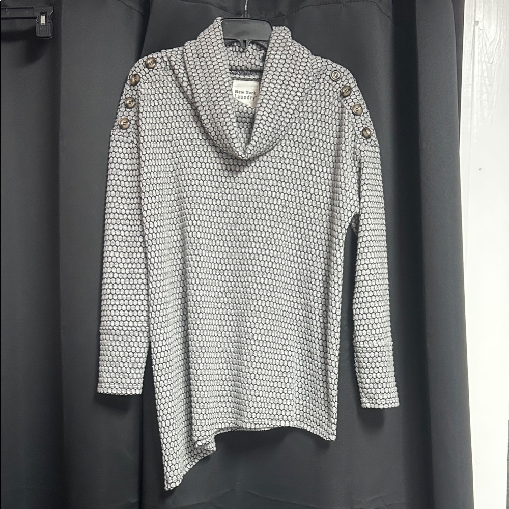 New York & Company Gray with Black  Cowl Neck Button-Shoulder Sweater